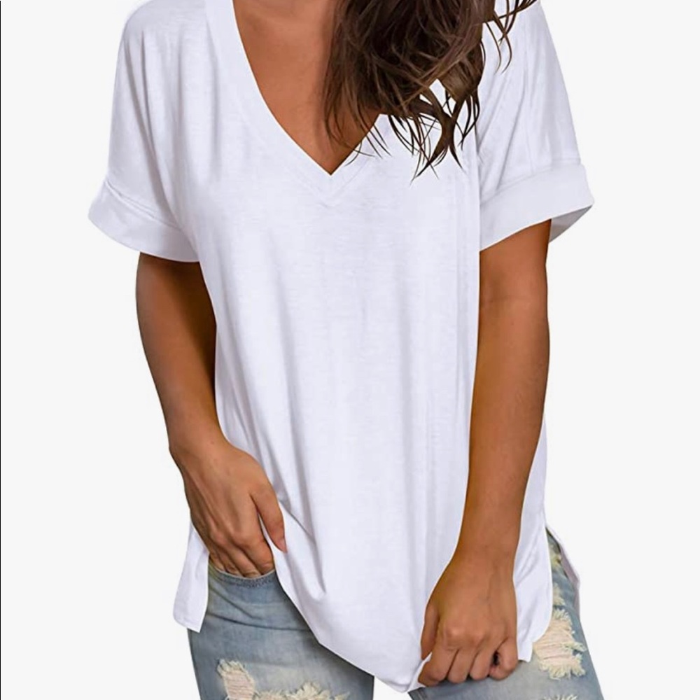 NWT- SAMPEEL Women's V Neck T Shirt Rolled Sleeve Side Split Tunic Tops …